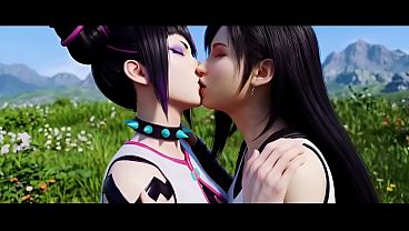 Tifa Lockhard x Juri Han lesbian kissing (Final Fantasy VII, Street Fighter/AI generated)