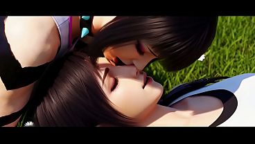 Tifa Lockhard x Juri Han lesbian kissing (Final Fantasy VII, Street Fighter/AI generated)