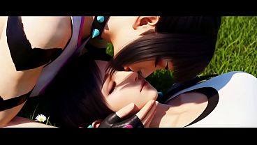 Tifa Lockhard x Juri Han lesbian kissing (Final Fantasy VII, Street Fighter/AI generated)