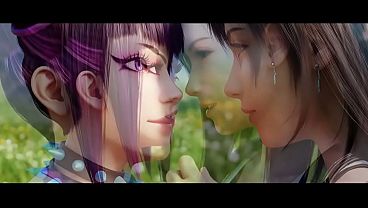Tifa Lockhard x Juri Han lesbian kissing (Final Fantasy VII, Street Fighter/AI generated)