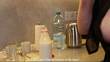 Milk flows down Stepmom's huge Boobs. Stepson is overwhelmed with desire to fuck a redhead Milf!