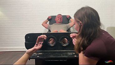 TICKLISH CHICKS - Chad Matlock Gets Locked in Stocks and Mercilessly Tickled by Mandy