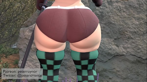 Bubble Booty Tanjiro rides Giant Dildo