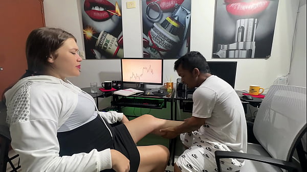 I see my pregnant stepsister stressed about her job and I give her a massage until she gets horny and I end up putting my whole big, delicious cock into her tight, narrow pussy.