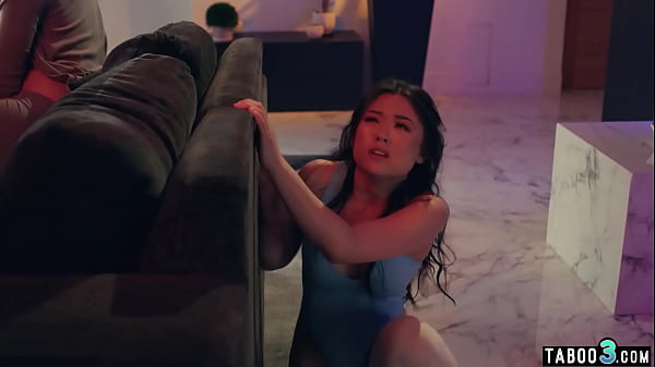 Petite asian babe Lulu Chu enjoying a scary movie on two transsexual dicks