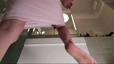Super hot and beautiful big tits authentic redhead takes her panties off and touches her tight shaved pussy and flashes ass under her dress