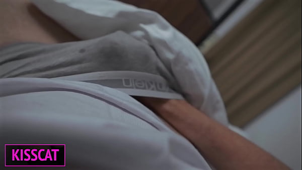 Stepmom get surprise cum in mouth when she helps with jerking to step son in share bed before fuck
