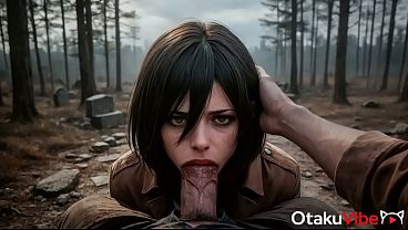 Mikasa spreads her legs in front of an old priest after the battl e with the Titans [AI]