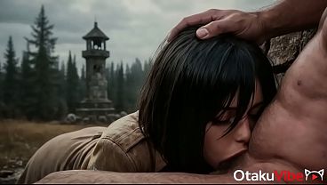 Mikasa spreads her legs in front of an old priest after the battl e with the Titans [AI]