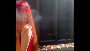 Long Hair Big Tits Milf Artemisia Love Smoking a cigarette Outdoor