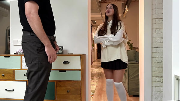 Step Sis Caught Step Brother Jerking Off! - Stepbrother Cum On My Uniform And I Can't Go To Study So Fuck Me Again!