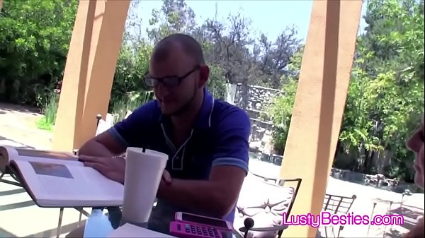 Three busty classmates riding lucky nerd
