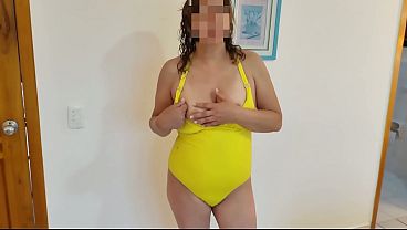 At the beach, I film my stepmom peeing and masturbating; I want to fuck her and cum inside her big pussy.