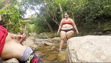 Unknown woman gives me a handjob in a river, fills her breasts with milk