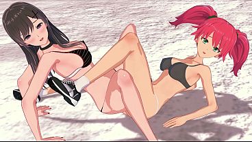 Red Haired Babe and Dark Haired Cutie Strip, Finger and Scissor Outdoors in the Snow - 3D Hentai Yuri