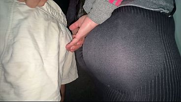 Big-assed girl grabs a stranger's cock in the store.