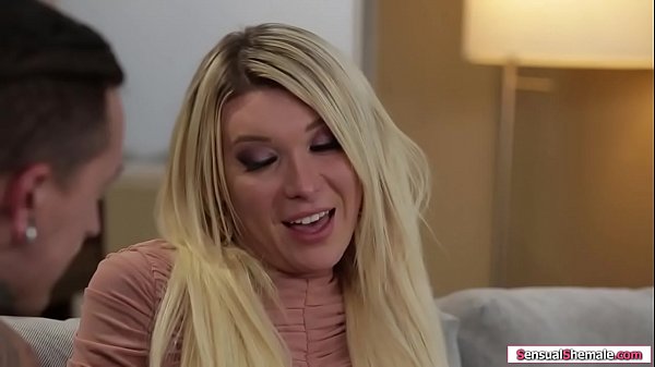 Busty blonde TS analed by tattooed guy