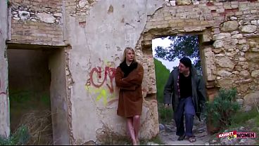 Older blonde gal meets up with her lover out in the woods for dirty sex