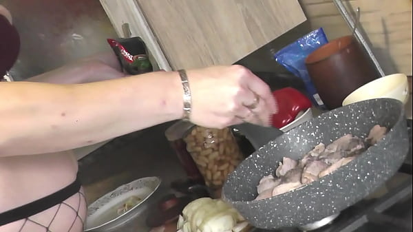 Without panties and bra in high heeled stockings, sexy MILF Frina continues nude cooking in her erotic kitchen. Chanakhi is on menu today. In medical uniform. Striptease. Nudist. Naturist. Naked at home. Pussy, ass, big natural tits Milf