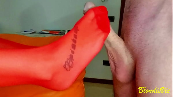 Red sock big cock cum on feet