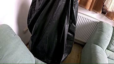 Trash Bag Slut Roleplay. Plastic Fetish MILF Deepthroat, Doggy and Double Cum on Shiny Bag preview