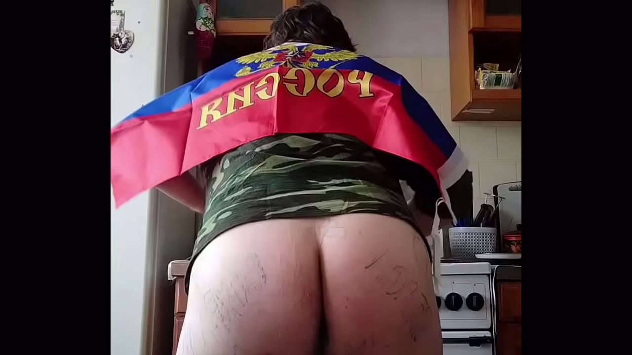 A Russian soldier returned from the war and decided to make porn with penis masturbation, a Russian flag and a huge fat ass!