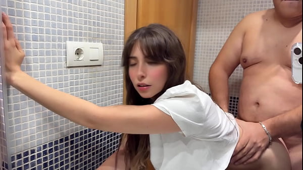 Creampie in my hairy pussy, my stepfather fills me with semen in the bathroom while his friends are in the living room