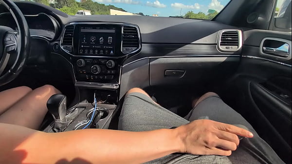 messy handjob with huge cumshot while driving