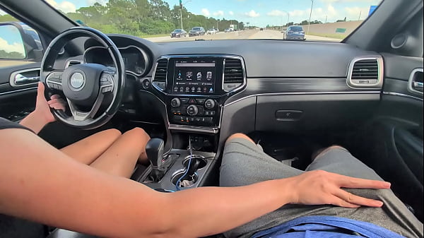 messy handjob with huge cumshot while driving