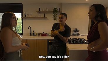 Homemade threesome: The cuckolded wife catches her husband cheating with her neighbor, and they both end up fucking him and giving him a facial creampie by cumming in her mouth.