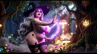 曲線美の熟女魔女が魔法の森でフェラチオをし、その後苔の上でハードコアセックスをする(AI生成)