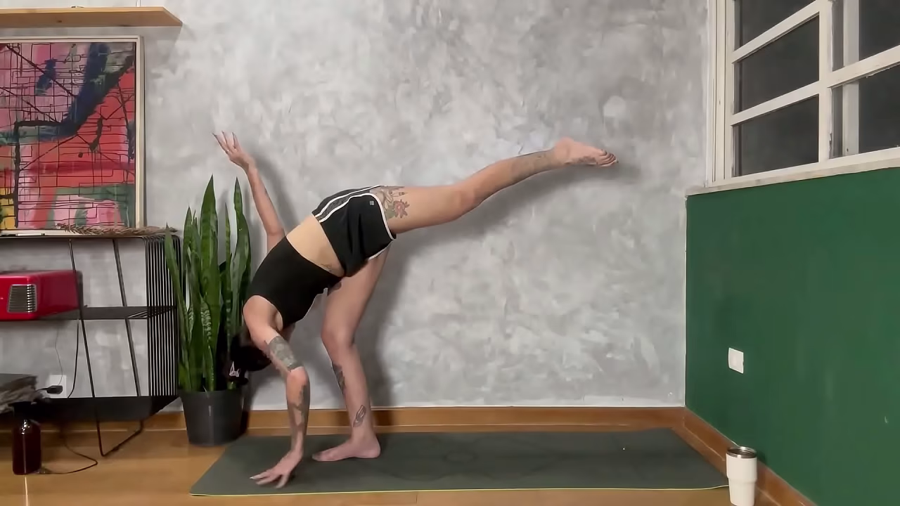 Hot tat girl in Yoga class at home