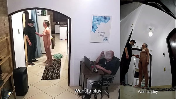 Real wife cheats on her husband while he's wearing headphones with the delivery man.