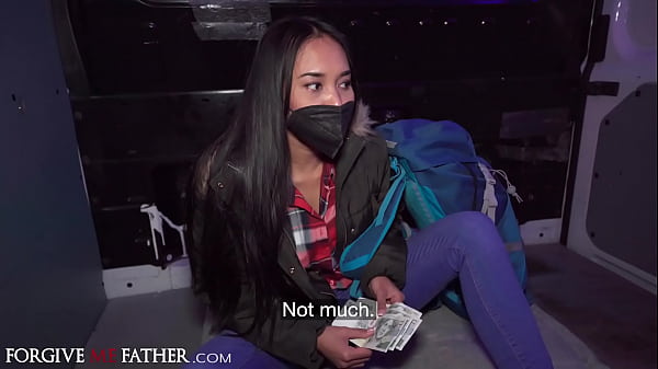 Big ass Asian hitchhiker blowjob and hard fuck in van after public pick up