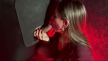 The cuckold took his hot blonde wife with the big, tasty ass to fill her pink pussy with several big, thick dicks in the Glory Hole booths, and in the end, she got a load on her face!