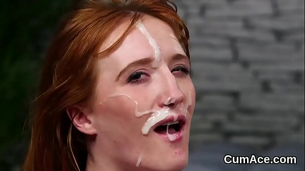 Horny beauty gets cum load on her face eating all the jism