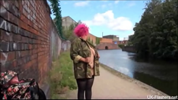 Pink hair fattie naked on the Road