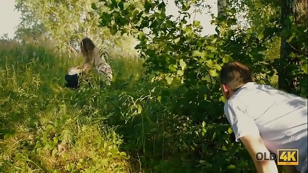 OLD4K. Beautiful redhead with glasses rides old dick in the woods