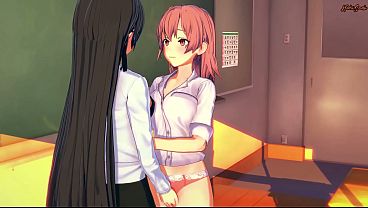 Download Video - Teacher Shizuka eating Yuigahama Yui's pussy then strapon fucking her  - OreGairu Hentai&period;