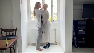 Standing doggy with long haired boy and shaved bald head girl