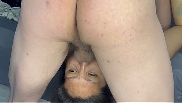 Natural Native American getting throat fucked upside down on bed