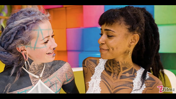 Tattoo Lesbians hard Fuck with Strap-on - Squirting and Piss