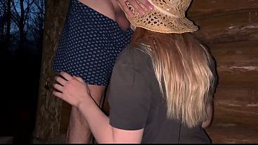 A pregnant milkmaid is fucking a city guy outside a barn