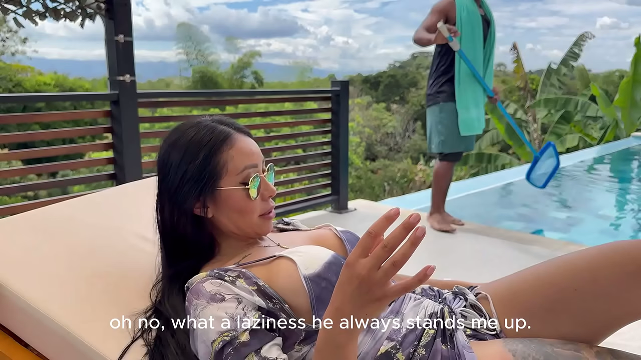 My boss'_s wife asks me for a massage in the pool and ends up with my big black cock in her mouth!