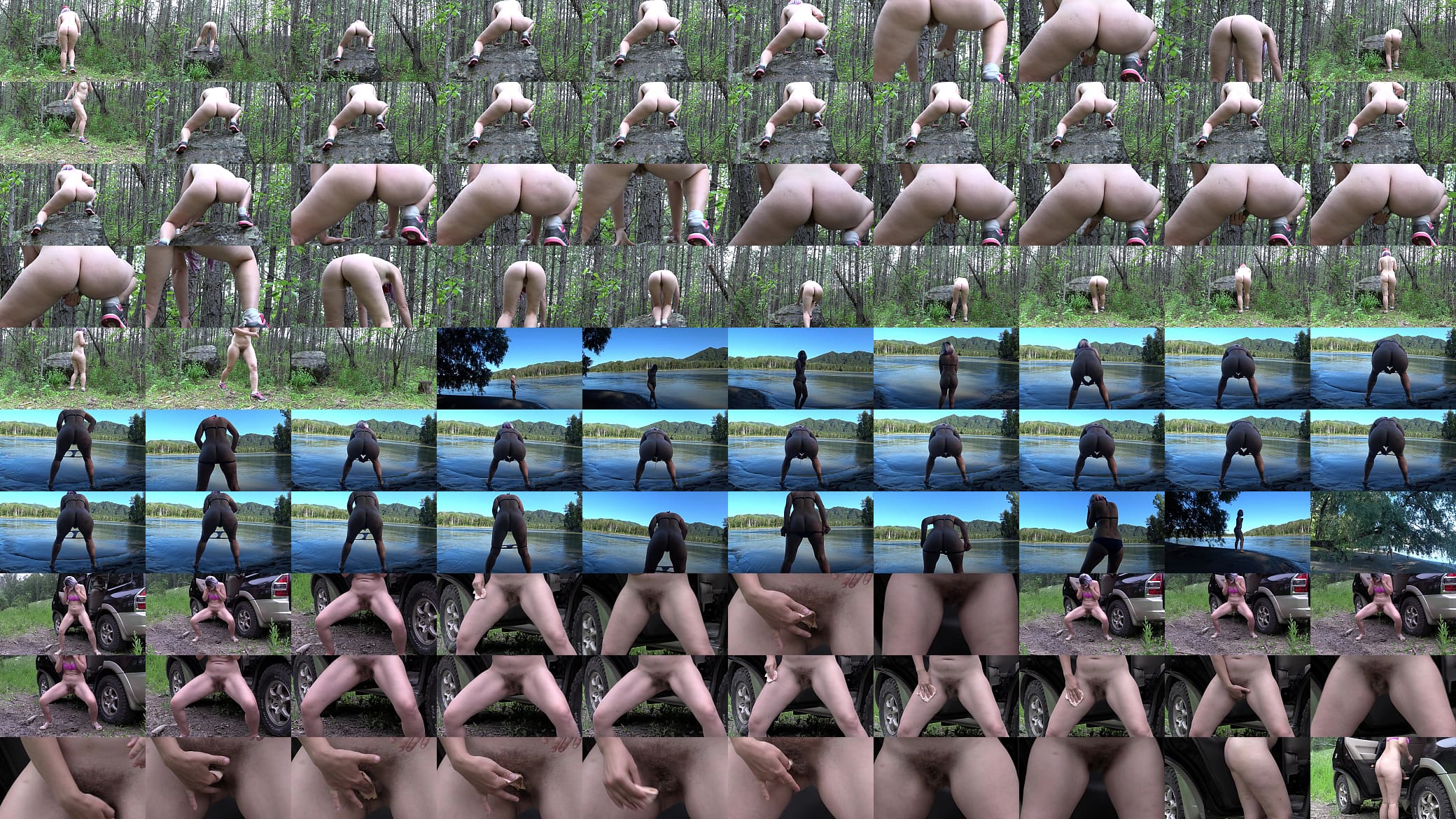 Pissing. Slim milf with big ass and hairy pussy sunbathes outdoors and urinates a lot. ASMR and nudism in a public place in nature. Amateur fetish. Would you like to spy on this mature blonde? 预览图