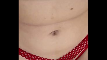 POV masturbation with a vibrator through red panties. Cum in my hairy hole - countdown!