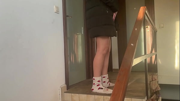 Downjacket Stair Tease &ndash; Red Lingerie, Blowjob & Cum on Coat