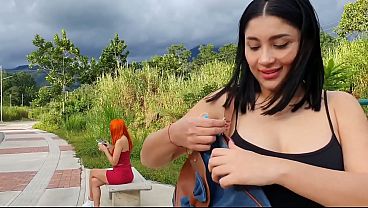 Martina lets two strangers control her toy in a park till squirt