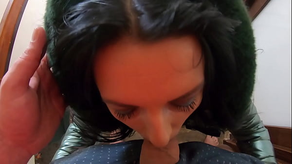 Slutty Mature Orgasm – Blowjob & Cum on Green Shiny Downjacket- preview