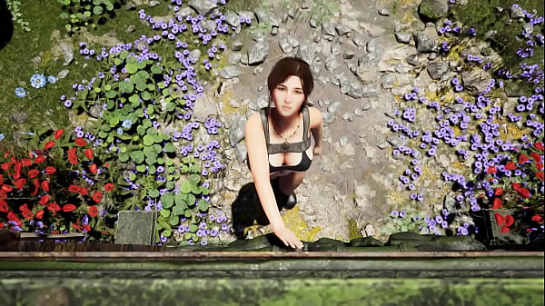 Lara Croft stretches her tight pussy with a thick glass bottle. Hentai Game